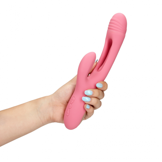 O Vibrador Loveline Rabbit possui 3 motores e 27 modos de vibração, é recarregável e à prova d'água. Possui função de movimento de dedo para o estímulo do ponto G e vibração para o clítoris. Feito em silicone ultra macio