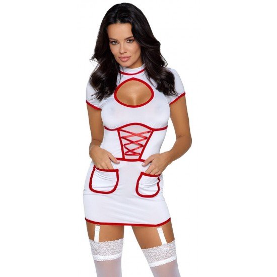 Fantasia de enfermeira sexy para jogos de médico!Vestido curto semitransparente, branco, suspensório, em um look de enfermeira por Cottelli COSTUMES com detalhes contrastantes em vermelho. Elástico em todo o corpo em um