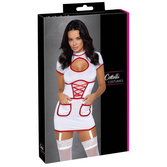 Fantasia de enfermeira sexy para jogos de médico!Vestido curto semitransparente, branco, suspensório, em um look de enfermeira por Cottelli COSTUMES com detalhes contrastantes em vermelho. Elástico em todo o corpo em um