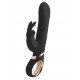 Naughty  Rabbit  é um vibrador coelho de dupla estimulação preto com detalhe dourado, feito de silicone medicinal e ABS, de toque macio e agradável. Seu fuste é liso e reto, com acabamento em ponta ar