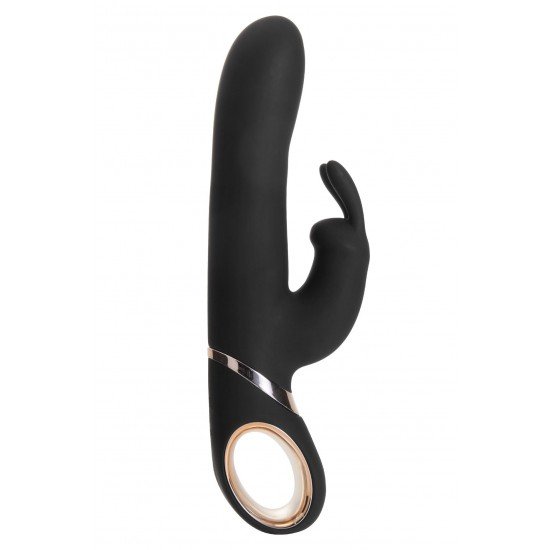 Naughty  Rabbit  é um vibrador coelho de dupla estimulação preto com detalhe dourado, feito de silicone medicinal e ABS, de toque macio e agradável. Seu fuste é liso e reto, com acabamento em ponta ar