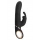 Naughty  Rabbit  é um vibrador coelho de dupla estimulação preto com detalhe dourado, feito de silicone medicinal e ABS, de toque macio e agradável. Seu fuste é liso e reto, com acabamento em ponta ar