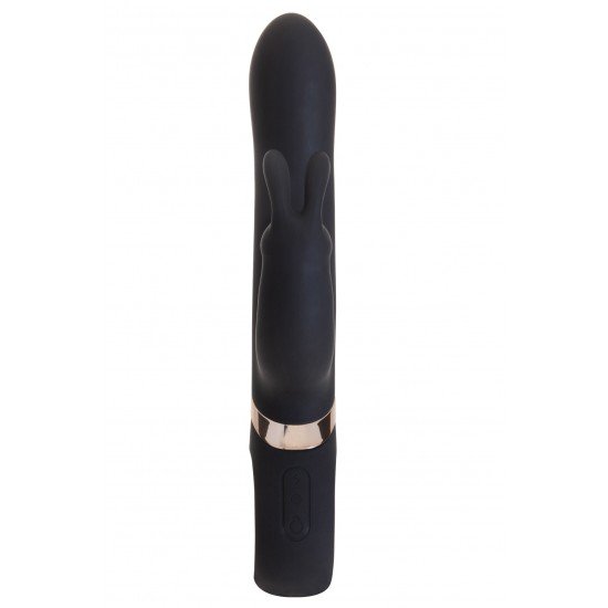 Naughty  Rabbit  é um vibrador coelho de dupla estimulação preto com detalhe dourado, feito de silicone medicinal e ABS, de toque macio e agradável. Seu fuste é liso e reto, com acabamento em ponta ar