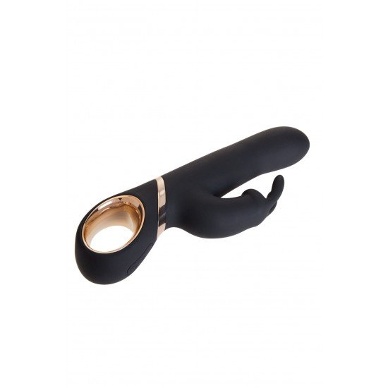 Naughty  Rabbit  é um vibrador coelho de dupla estimulação preto com detalhe dourado, feito de silicone medicinal e ABS, de toque macio e agradável. Seu fuste é liso e reto, com acabamento em ponta ar