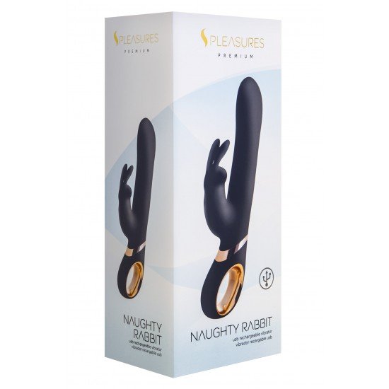 Naughty  Rabbit  é um vibrador coelho de dupla estimulação preto com detalhe dourado, feito de silicone medicinal e ABS, de toque macio e agradável. Seu fuste é liso e reto, com acabamento em ponta ar