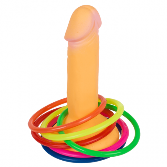 Jogo divertido com Penis e 6 argolas, ganha quem conseguir colocar as argolas no penis.