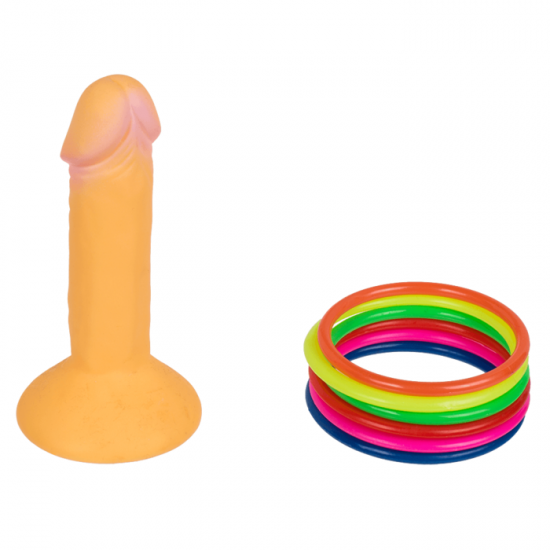 Jogo divertido com Penis e 6 argolas, ganha quem conseguir colocar as argolas no penis.