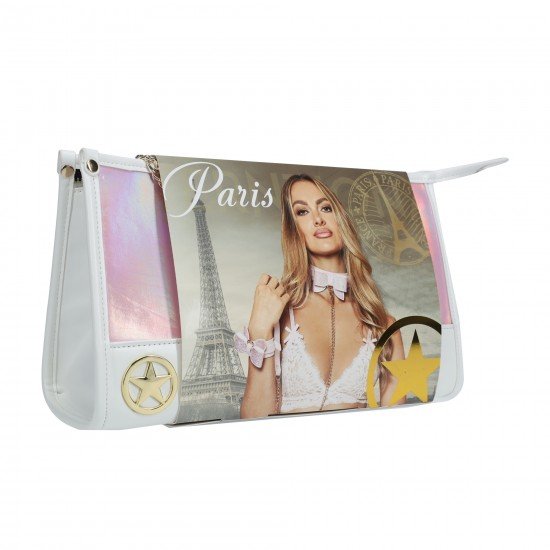 O Paris Collection Kit da Ouch! vem em uma bolsa linda, com um visual iridescente de alta qualidade em seu hardware, e inclui uma coleira e guia, um conjunto de algemas e um conjunto de algemas de tornozelo, uma venda, u