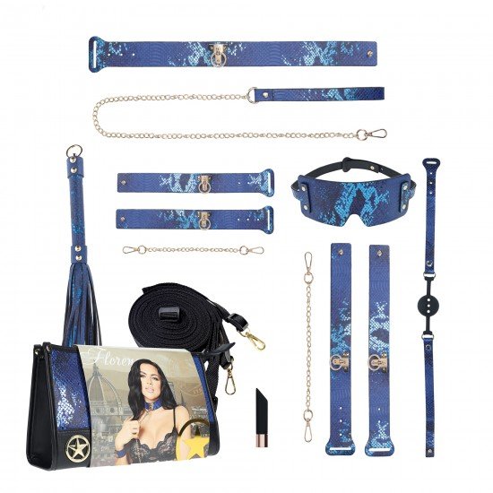 O Florence Collection Kit da Ouch! vem em uma bolsa linda, com um visual iridescente de alta qualidade em seu hardware, e inclui uma coleira e guia, um conjunto de algemas e um conjunto de algemas de tornozelo, uma venda