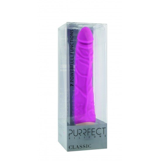 Vibrador 100% silicone com formato de pénis e veias e contornos pronunciados.Produto flexível e suave, bastante agradável ao toque. Tem um total de 7 níveis diferentes de vibração (três velocidades pulsantes, uma velocid