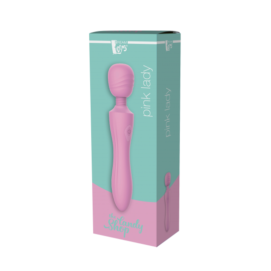 Este é o massageador de varinha Pink Lady da linha Candy Shop. Ele tem um pescoço flexível que torna a varinha adequada para usuários que não gostam da sensação de um vibrador robusto, mas preferem um que se flexione e s