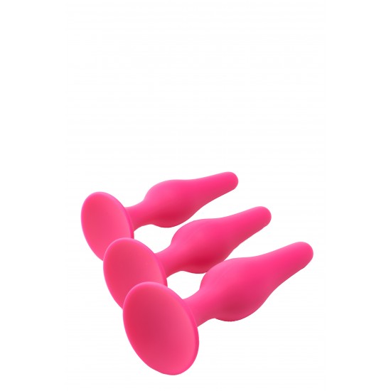 Este kit Flirts possui 3 plugues anais em 3 tamanhos. Cada plug é feito de silicone rosa macio ao toque. Um conjunto com tamanhos diferentes é perfeito para usuários que desejam variar os tamanhos dos plugues e para aque