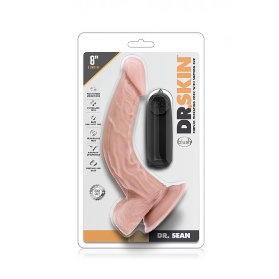 Seja um bom anfitrião e receba de braços abertos o Dr. Skin em sua casa! Vibrador realista com cabeça e corpo proeminente e curvatura acentuada. Com forte base de sucção para brincadeiras "mãos livres" e comando de contr