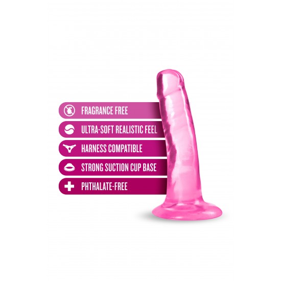 Blush B Yours Plus Hard n' Happy é um vibrador realista com uma ligeira curva para estimulação do ponto G e do ponto P, e uma base de ventosa robusta que se prende a qualquer superfície plana e lisa para tempo solo. Ou f