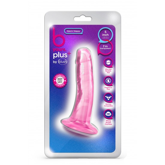 Blush B Yours Plus Hard n' Happy é um vibrador realista com uma ligeira curva para estimulação do ponto G e do ponto P, e uma base de ventosa robusta que se prende a qualquer superfície plana e lisa para tempo solo. Ou f