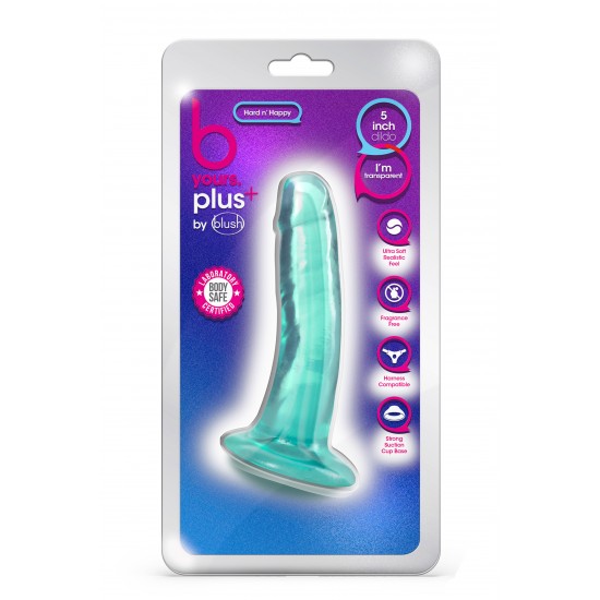 Blush B Yours Plus Hard n' Happy é um vibrador realista com uma ligeira curva para estimulação do ponto G e do ponto P, e uma base de ventosa robusta que se prende a qualquer superfície plana e lisa para tempo solo.&nbsp