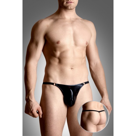 A sensualidade não tem limites!Tanga masculina em tecido preto brilhante com duas argolas de metal na frente.