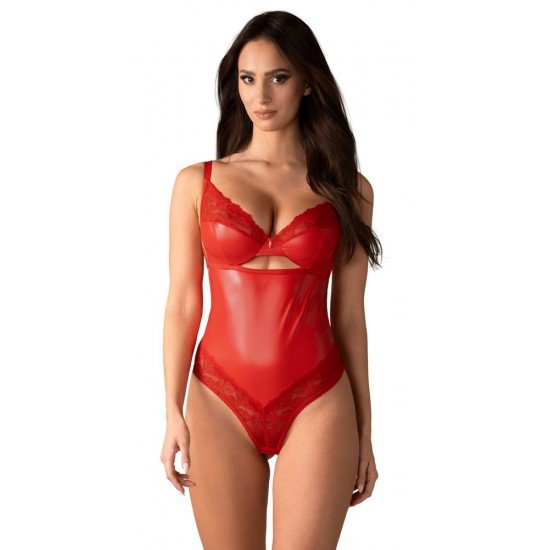 Corpo em uma cor vermelha sensualLindo material brilhante e delicada renda floralDetalhes decorativos douradosCopas com aro para um decote sexyAlças ajustáveis ​​e fecho de virilhaMacio e elástico para um ajuste muito co